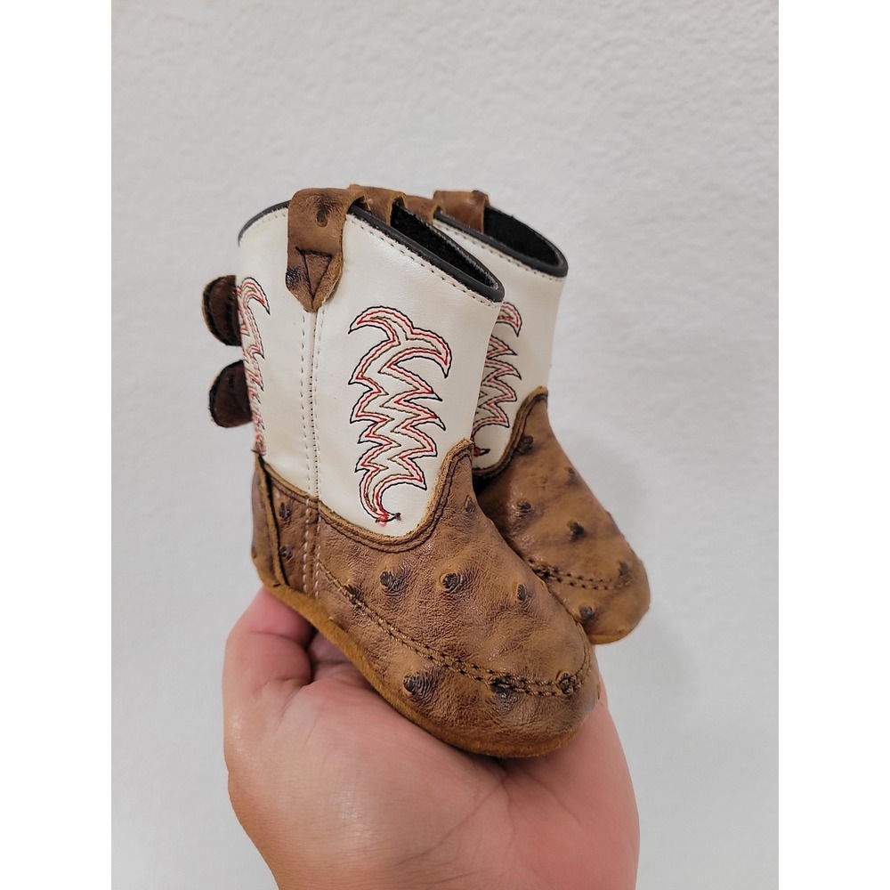 Old West 10133 Infant Cowboy Boots Brown Faux Ostrich Cream Stitched Size 1.0 #2